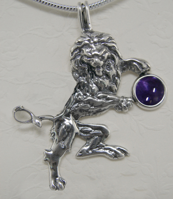 Sterling Silver Royal Rampant Lion Pendant With Iolite